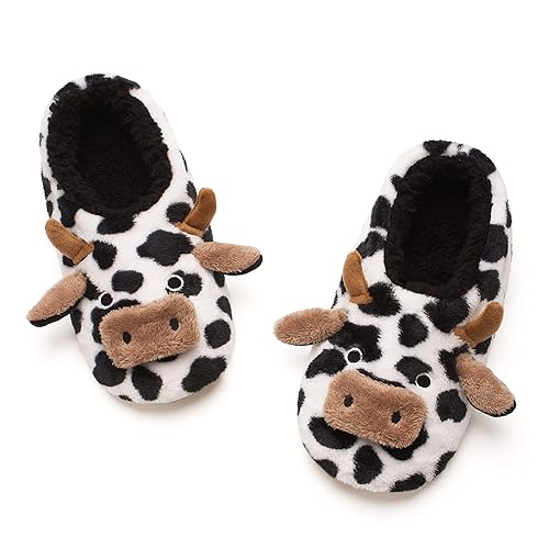 The Metluks Cute Animal House Slippers, Warm Fuzzy Slipper Socks with Grippers Non Slip, Cozy Funny Gifts - 7-8 - Plush Cow