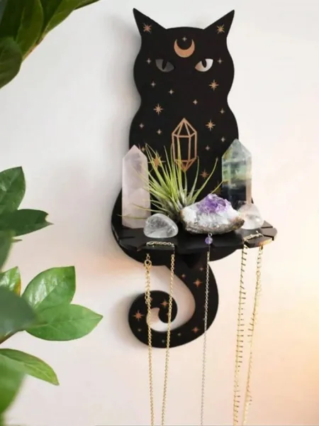1 Pieza Soporte De Exhibición De Cristal Con Forma De Gato, Estante De Pared De Media Luna De Madera, Estante De Aceite Esencial Para Dormitorio, Decoración De Hogar De Bruja, Regalo Para Amantes De Gatos