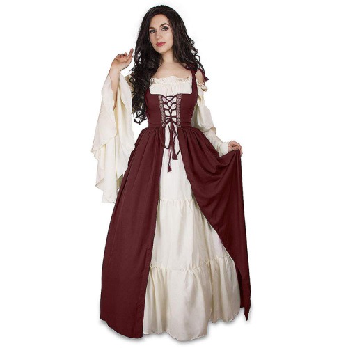 HHRHLKNH Vestido medeltida cosplay disfraces de Halloween para mujeres Palacio carnaval disfraz de fiesta princesa Vestido femenino bata de talla grande Noble-wine röd_L