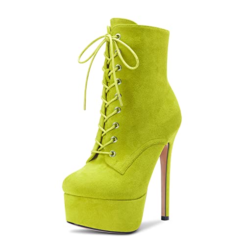 Aachcol Women Ankle Boots Short Bootie Platform Stiletto High Heel Round Toe Dress Shoes Lace-up Patent 6.5 Inch - 7 - Lime Green