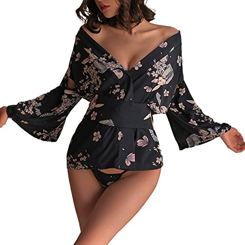 Women Sexy Pajamas Japanese Anime Sexy Kimono Cosplay Costumes Short Yukata Lingerie - Navy Blue