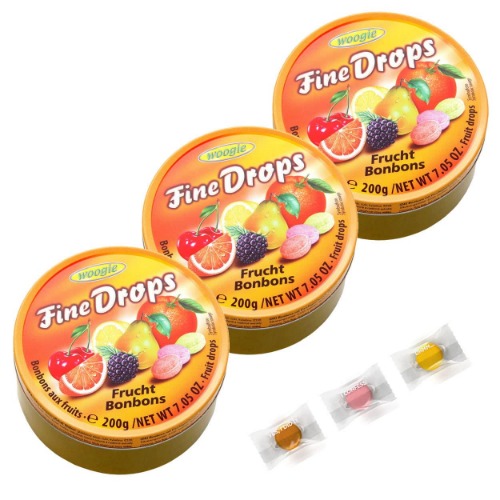 3 x Woogie fruktbonbons "Fine Drops" i den återförslutningsbara 200 g burken I fruktdroppar I + 3 gratis gilties testdroppar