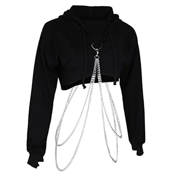 freneci Damen Hoodie Crop Top Langarmshirt Pullover Sweatshirt mit Kette bauchfreies Oberteil - Schwarz, M