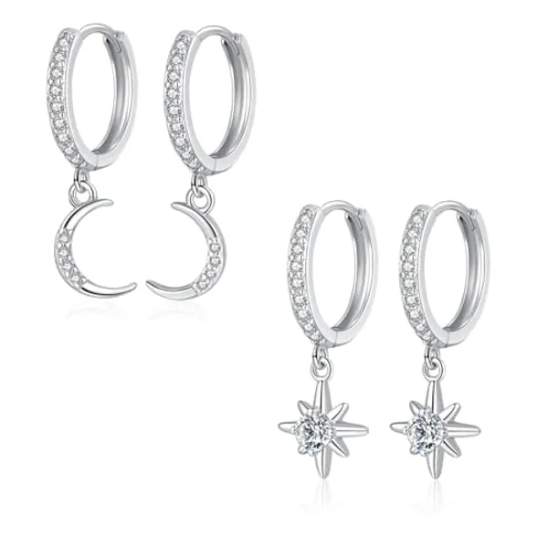 Loutade Ohrringe Silber 925 Creolen mit Anhänger, 925 Sterling Silber Ohrringe mit Mond/Stern Hängend, Hypoallergen Süße Klein Silber Knorpel Schlafen Ohrringe Hängend Creolen für Damen Mädchen