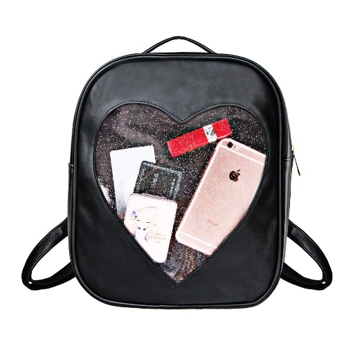 FF1 Candy Leather Backpack Clear Heart Beach Girls School Bag Ita Bag - Black