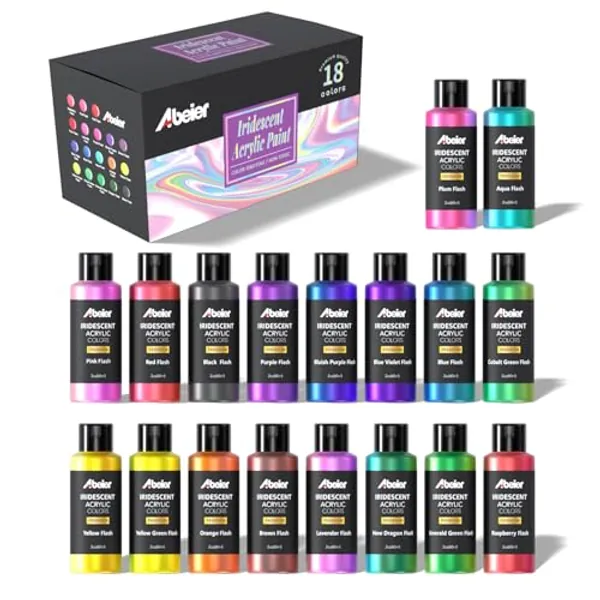 ABEIER Iridescent Acrylic Paint, Set of 18 Chameleon Colors, 2 oz/60ml Bottles, Color-shifting, Non-Toxic, High Viscosity, Blendable, Paints on Rocks Crafts Canvas Wood, Fabric, Ceramic & Stone