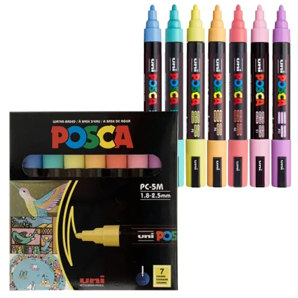 7 Pastel Posca Paint Markers, 5M Medium Posca Markers with Reversible Tips, Acrylic Paint Pens | Posca Pens for Art Supplies, Fabric Paint, Fabric Markers, Paint Pen, Art Markers