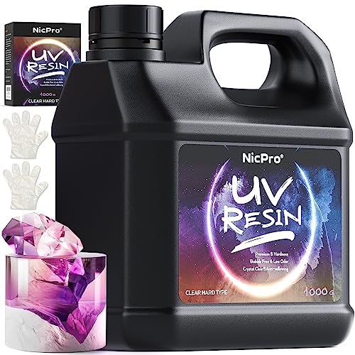Nicpro UV Resin 1000g, Upgrade Crystal Clear Ultraviolet Epoxy Resin Glue Kit, Low Odor & Quick Curing Sunlight Cure Hard UV Resin for Jewelry Making, Handmade DIY Craft, Coating and Casting - 1000g