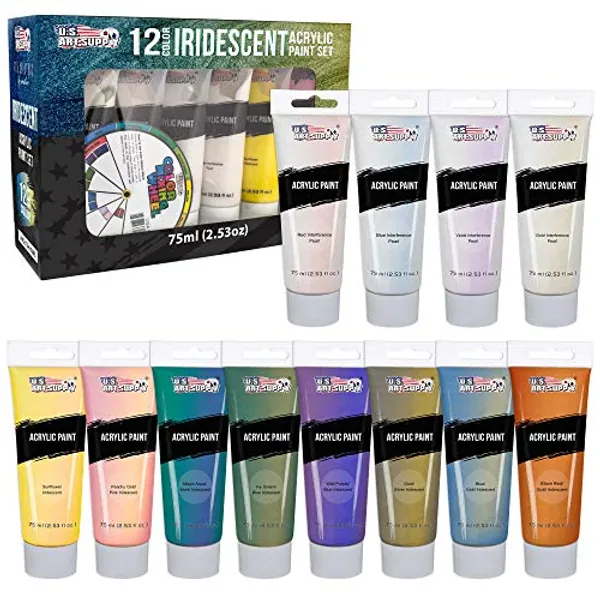 U.S. Art Supply Professional 12 Color Set of Iridescent Acrylic Paint, Large 75ml Tubes - Luminescent Special Effect Chameleon Color-Shifting Pearl Colors - Artists, Canvas Painting, Paper, Wood, Rock
