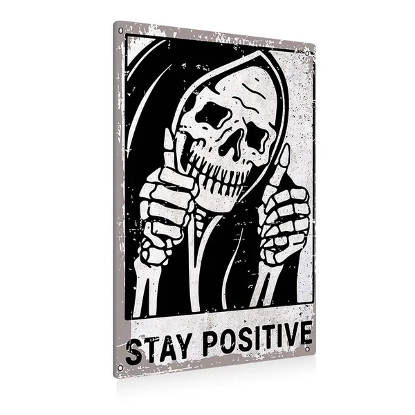 BEASTZHENG Vintage Stay Positive Skull Sign Metal Tin Sign Wall Décor Funny - Retro Sign for Home Living Room Bedroom Decor Gifts - 8x12 Inch - 