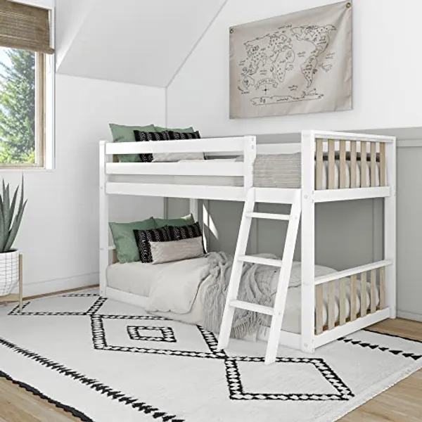Max & Lily Low Bunk Bed, Scandinavian Modern Bunk Bed, Solid Wood Twin-Over-Twin Bed Frame for Kids, No Box Spring Needed, Blonde/White - Low Twin Bunk - Blonde/White