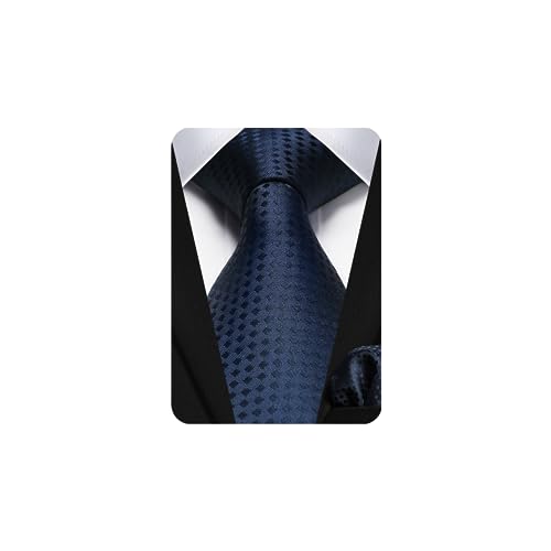 HISDERN Plaid Checkered Tie Handkerchief Woven Classic Formal Men's Necktie & Pocket Square Set - C2-navy Blue