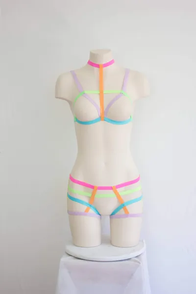 Rainbow Clothing: Festival Outfit, Dancewear, Pride Costume. Rave Fashion, Neon Lingerie, Rainbow Harness, Lingerie Set, Strappy Panties
