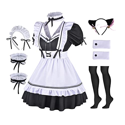 TOLINA Ladies Anime Cosplay French Black white bow Apron Dress Halloween Makeup Costume Furry Cat Ear Socks Set - Small