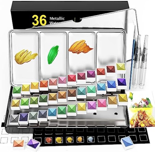RATEL Metallic-Aquarell-Farbset, Solid Aquarell-Farbkasten, 36 Farben Glitter Solid Pigment, löslich und gut mischbar, für Kinder, Anfänger und Profis - 36-Farben