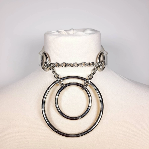 O Ring Martingale Collar Steel Chain Choker in Clear Vegan Leather PVC with Choice of Colours