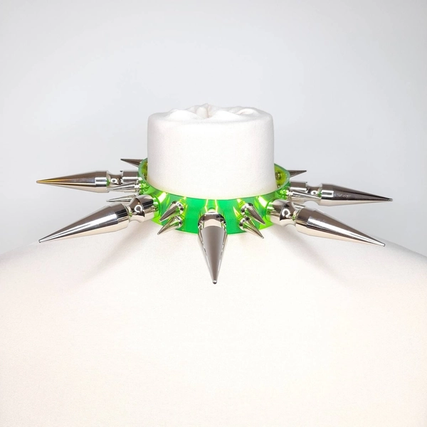 Green Spiked Collar Long Spike Choker in Holographic Clear Vegan Leather PVC with Choice of Colours