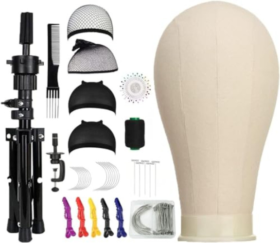 Killakuma Cosplay Contribution: 22 Inch Canvas Block Head Mannequin Wig Head, Wig Stand Tripod with Head, Mannequin Head Wig Display Styling Head, Manikin Block Head Set for Wigs Making Display with Wig Caps, T+C Pins Set&Brush