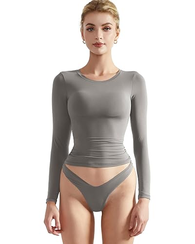 SUUKSESS Women Double Lined Fitted Basic T Shirts Crew Neck Long Sleeve Crop Top - X-Small - Gray