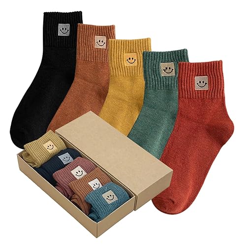 5 Pairs Cute Socks with Smiling Face Embroidery with Gifts Box Socks for Women - Socks Set 1 - Cotton