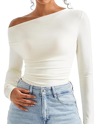 SUUKSESS Women Fall Long Sleeve Off Shoulder Tops Cowl Neck Going Out Shirt - X-Small - White
