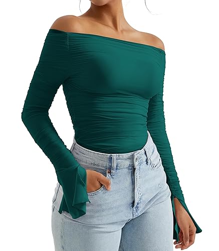 OMKAGI Women Long Sleeve Tops Boat Neck Off Shoulder Shirts Fitted Going Out Y2K Crop Top - Flare Sleeve - X-Small - Dark Green