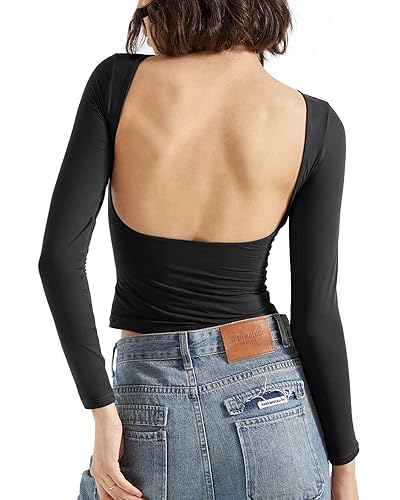 SUUKSESS Women Backless Going Out Tops Double Lined Open Back Basic Long Sleeve - X-Small - Jet Black