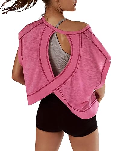 Kumufenc Women Short Sleeve Workout Shirts Open Back Tops Casual Yoga Y2k Athletic Gym Slouchy Crop Running Tees - Small - Rose Red