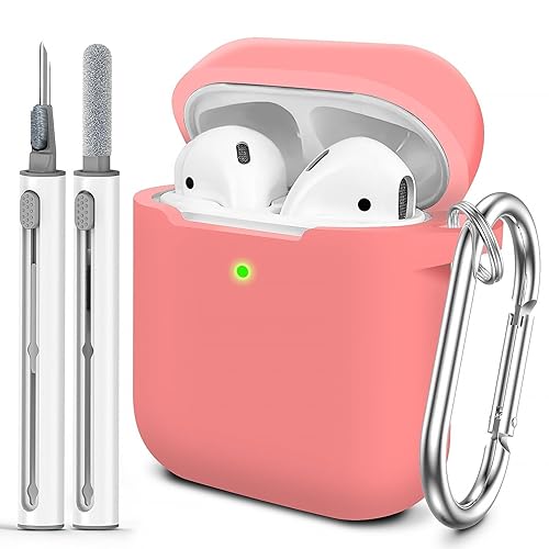 Woyinger for AirPods Case Cover, Come with Cleaner Kit, Soft Silicone Protective Cover with Buckle, Compatible with Apple AirPods 2nd 1st Generation Charging Case, Front LED Visible, Coral - AirPods 1/2 Case - D3-Coral