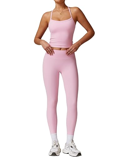 QBGJTD Womens Workout Sets Two Piece Cross Back Tank Top Matching High Waist Leggings Sets Gym Outfits Work Out Clothes - Small - Pink