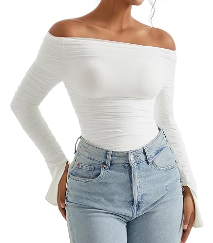 OMKAGI Women Long Sleeve Tops Boat Neck Off Shoulder Shirts Fitted Going Out Y2K Crop Top - Flare Sleeve - X-Small - White