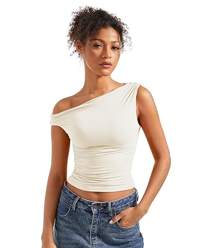 SUUKSESS Women Off Shoulder Tops Sleeveless Shirts Y2K Going Out Crop Tank Top - X-Small - White