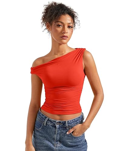 SUUKSESS Women Off Shoulder Tops Sleeveless Shirts Y2K Going Out Crop Tank Top - X-Small - Red