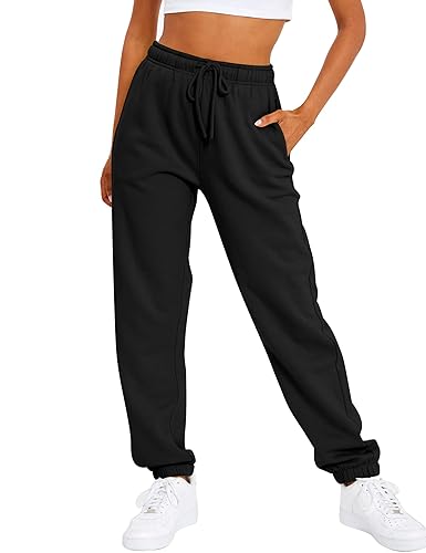 AUTOMET Women's Casual Baggy Fleece Sweatpants - Black - X-Small