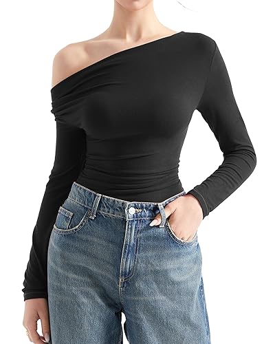 SUUKSESS Women Fall Long Sleeve Off Shoulder Tops Cowl Neck Going Out Shirt - X-Small - Black