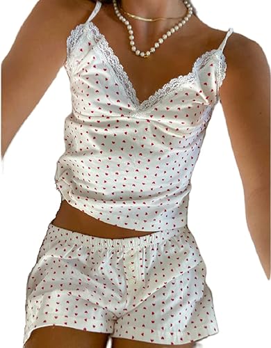 Seyurigaoka Women Y2k 2 Piece Lace Shorts Set Sleeveless V Neck Cami Top with Shorts Pajamas Sets Sleepwear - A Heart Print White - Small