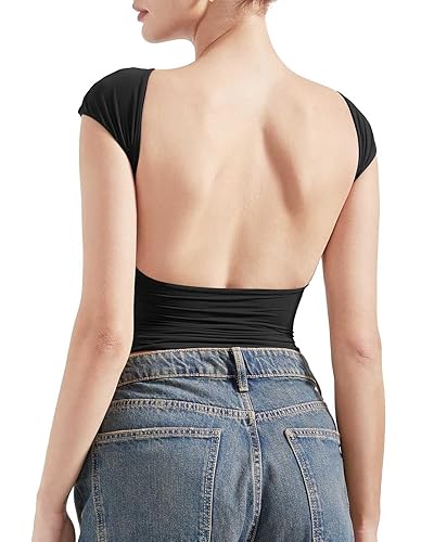 SUUKSESS Women Backless Sexy Going Out Tops Double Lined Open Back Y2k Basic Tee Shirts - X-Small - Jet Black