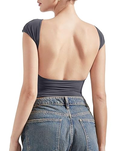 SUUKSESS Women Backless Sexy Going Out Tops Double Lined Open Back Y2k Basic Tee Shirts - Small - Ash