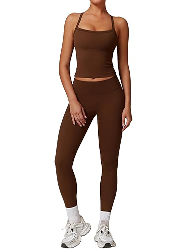 QBGJTD Womens Workout Sets Two Piece Cross Back Tank Top Matching High Waist Leggings Sets Gym Outfits Work Out Clothes - Small - Brown