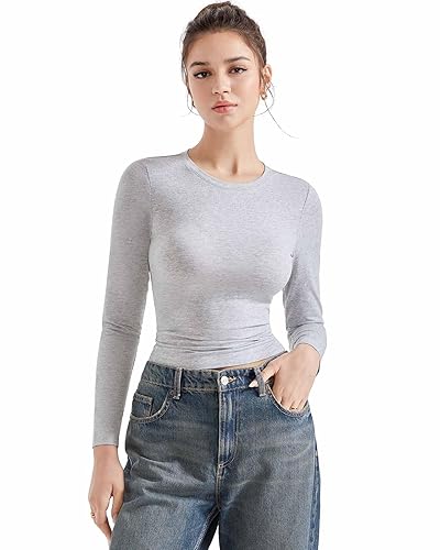 SUUKSESS Women Crew Neck Fitted T Shirts Cotton Jersey Basic Long Sleeve Tops - X-Small - Grey Heather