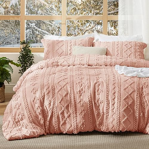 Bedsure Tufted Boho Comforter Set King Size - Pink Boho Bedding Comforter Set, 3 Pieces Farmhouse Shabby Chic Embroidery Bed Set, Gifts for Woman, Soft Jacquard Comforter for All Seasons - King - 17 - Pink - Elegant