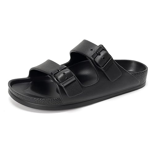 FUNKYMONKEY Women's Comfort Slides Double Buckle Adjustable EVA Flat Sandals - 7 - Black/Xpz