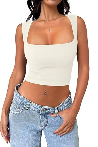 Meyeeka Women's Sleeveless Crop top Seamless Square Neck Trendy Tank top - X-Small - Beige