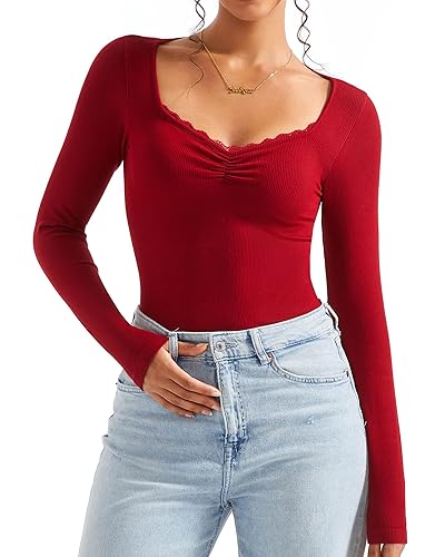 SUUKSESS Women Sweetheart V Neck Long Sleeve Tops Lace Trim Ribbed Modal Fall Going Out Shirts - X-Small - Wine Red