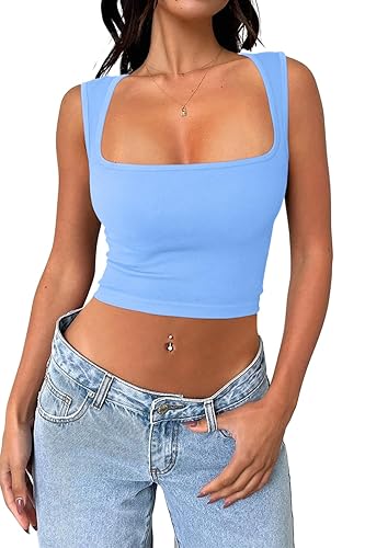 Meyeeka Women's Sleeveless Crop top Seamless Square Neck Trendy Tank top - X-Small - Della Robbia Blue