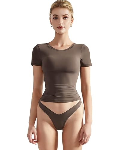 SUUKSESS Women Double Lined Fitted Basic Tee Crew Neck Short Sleeve Y2K Crop Top - X-Small - Mocha