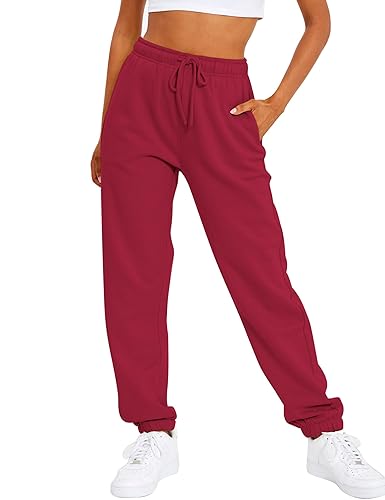 AUTOMET Women's Casual Baggy Fleece Sweatpants - Red - X-Small