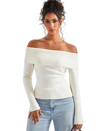 SUUKSESS Women Off Shoulder Sweaters Long Sleeve Ribbed Knit Going Out Fall Tops Blouse - X-Small - White