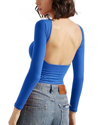 SUUKSESS Women Backless Going Out Tops Double Lined Open Back Basic Long Sleeve - X-Small - Sapphire