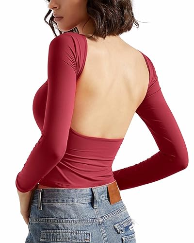 SUUKSESS Women Backless Going Out Tops Double Lined Open Back Basic Long Sleeve - X-Small - Wine Red